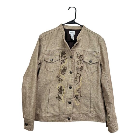 Chicos Metallic Embroidered Button-Up Jacket SZ 2 Beige Long Sleeve Cotton Blend - Picture 15 of 16